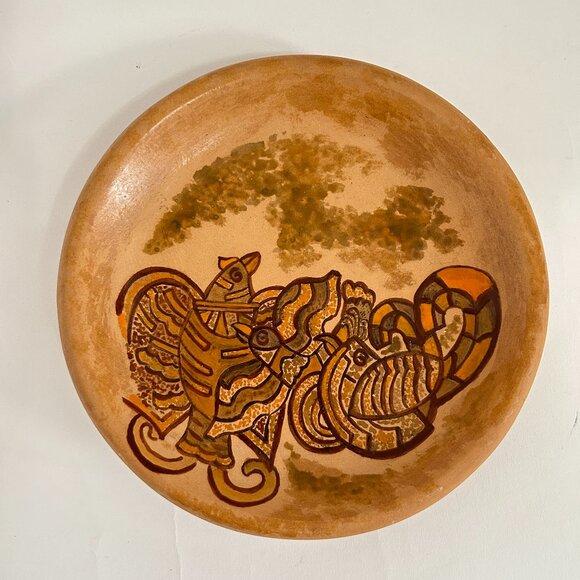 VTG. Signed Tonala Hand Painted Birds Terracotta red clay ceramic pottery plate - Picture 1 of 8